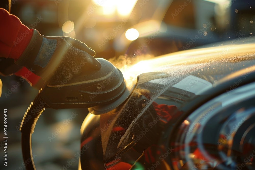 Electric handheld sanding machine detailing car body in sunlight with bokeh effect Electric handheld sanding machine detailing car body in sunlight with bokeh effect
