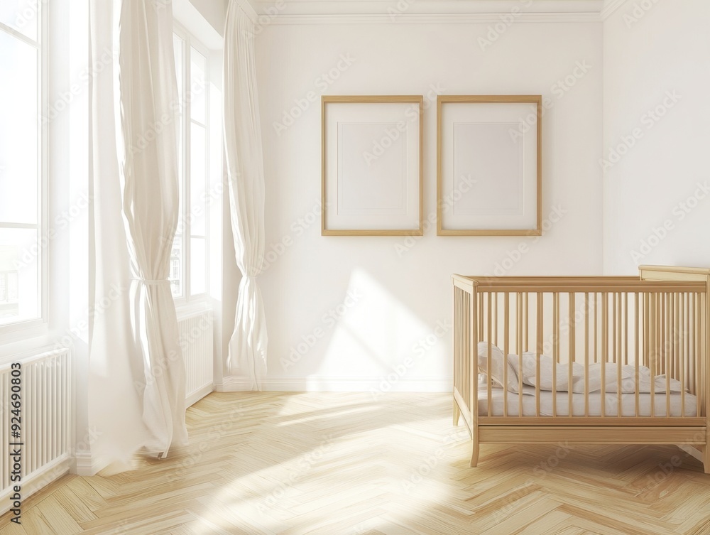 A white room with a wooden crib and two white framed pictures on the wall A white room with a wooden crib and two white framed pictures on the wall
