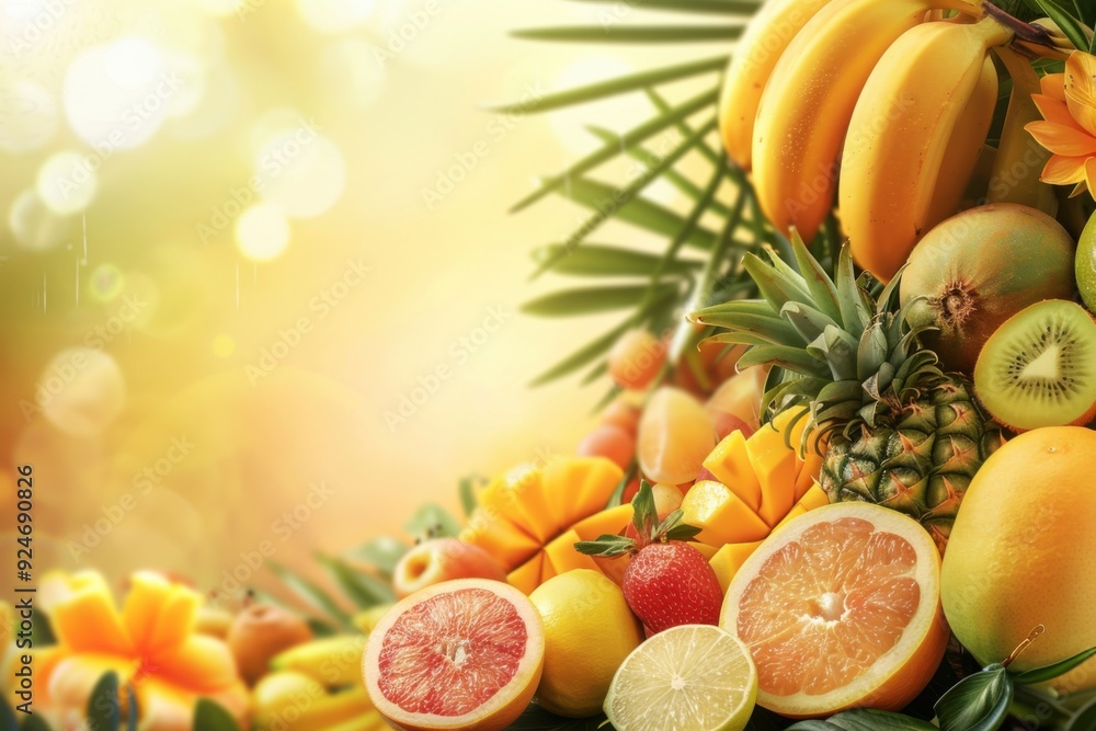 Fresh ripe tropical fruits on a warm sunny background with copy space Fresh ripe tropical fruits on a warm sunny background with copy space