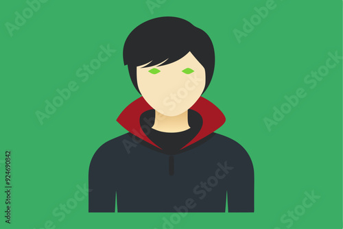 Cartoon Illustration of a Person with Black Hair and Green Eyes Wearing a Black Jacket with a Red Collar