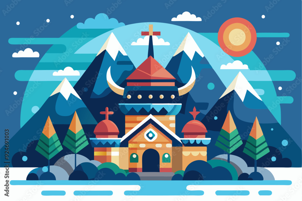 A stylized church with a cross on top, situated in a mountainous region with a bright sun and snowy peaks A stylized church with a cross on top, situated in a mountainous region with a bright sun and snowy peaks