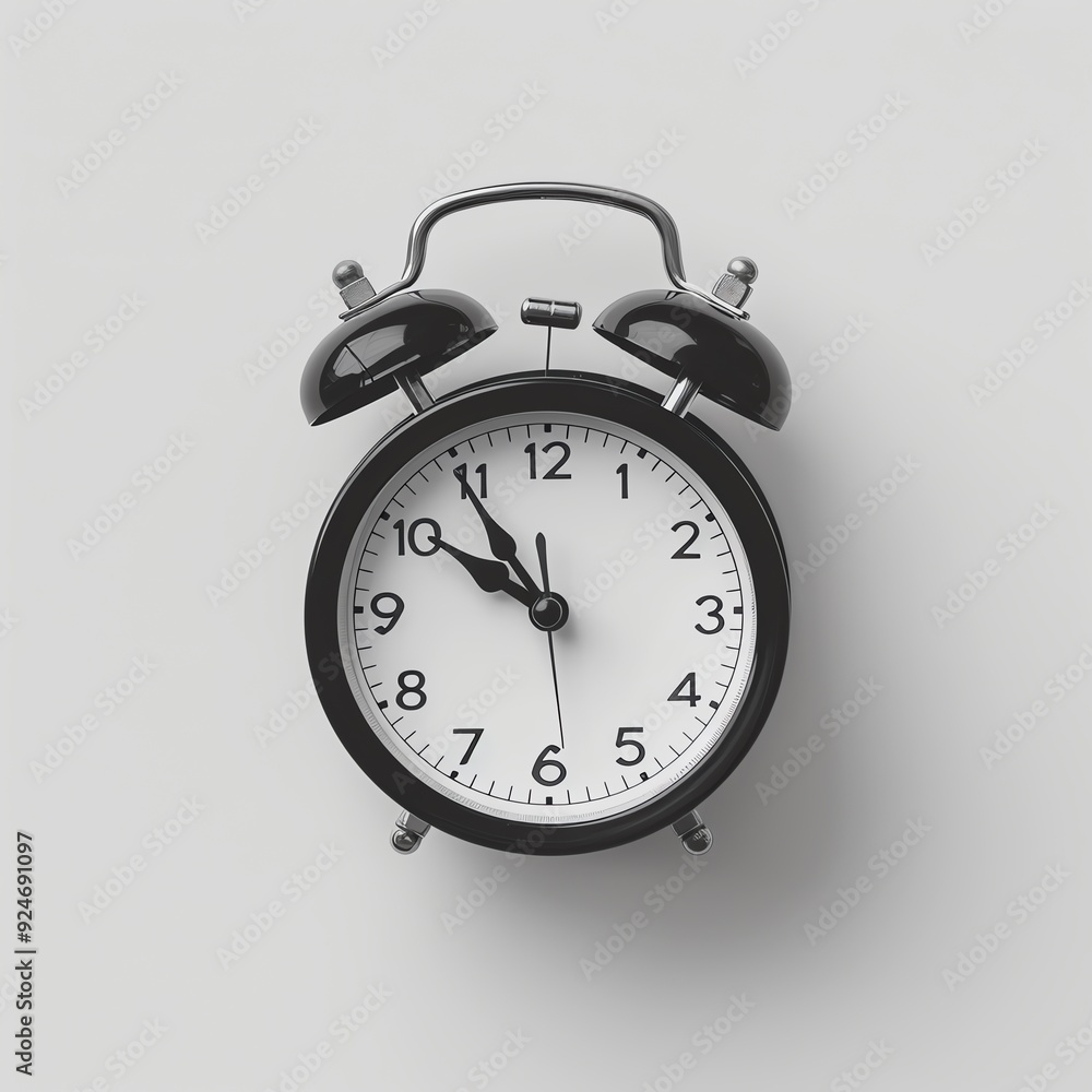Classic black and white alarm clock with bells, showing 10:10, isolated on a white background. Vintage timepiece, traditional design. Classic black and white alarm clock with bells, showing 10:10, isolated on a white background. Vintage timepiece, traditional design.