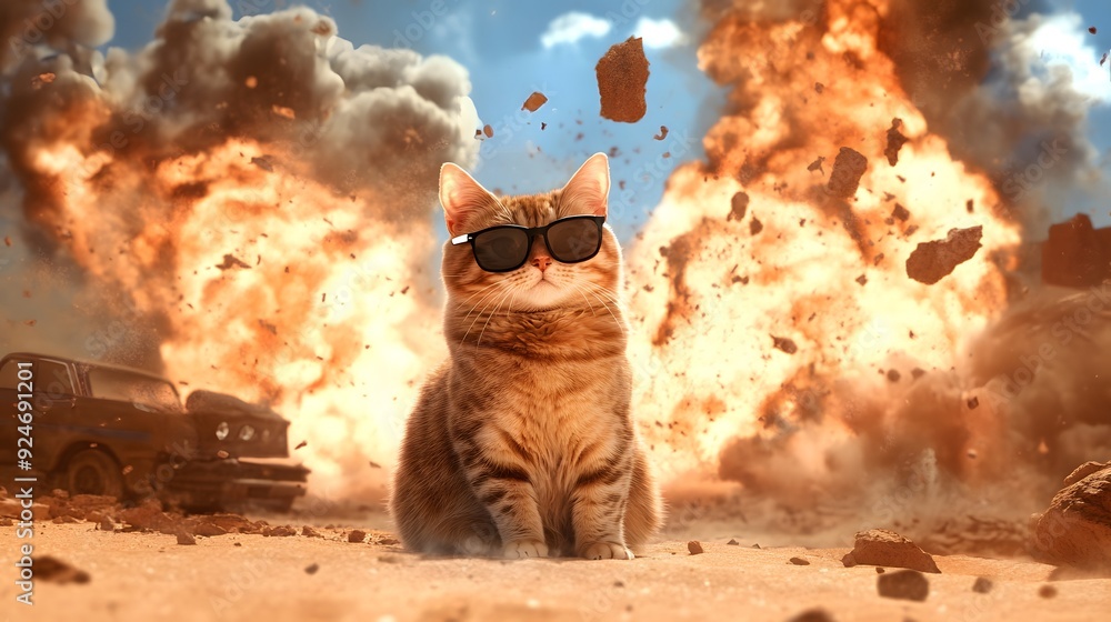 © DonChanu - Cat Wearing Sunglasses Amidst Explosion. © DonChanu - Cat Wearing Sunglasses Amidst Explosion.