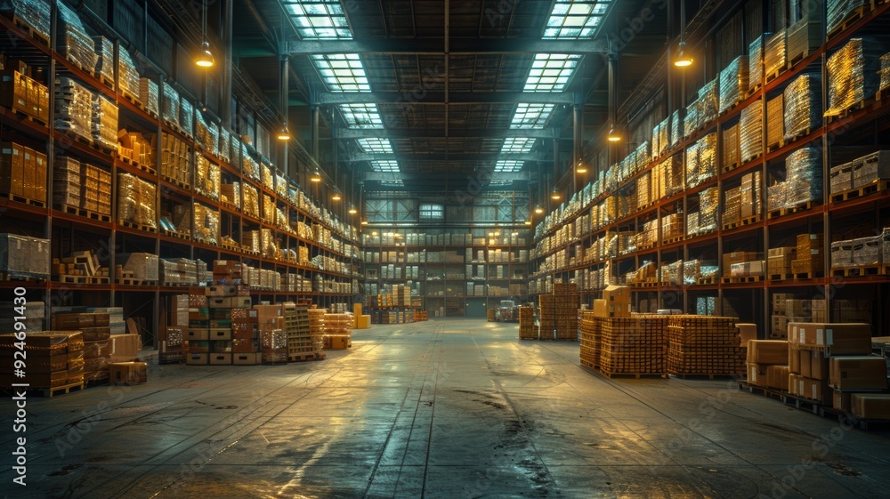 Minimalist, clean warehouse scene with a focus on empty racks and wide open spaces Minimalist, clean warehouse scene with a focus on empty racks and wide open spaces