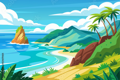 Tropical Beach with Palm Trees and a Rocky Outcropping