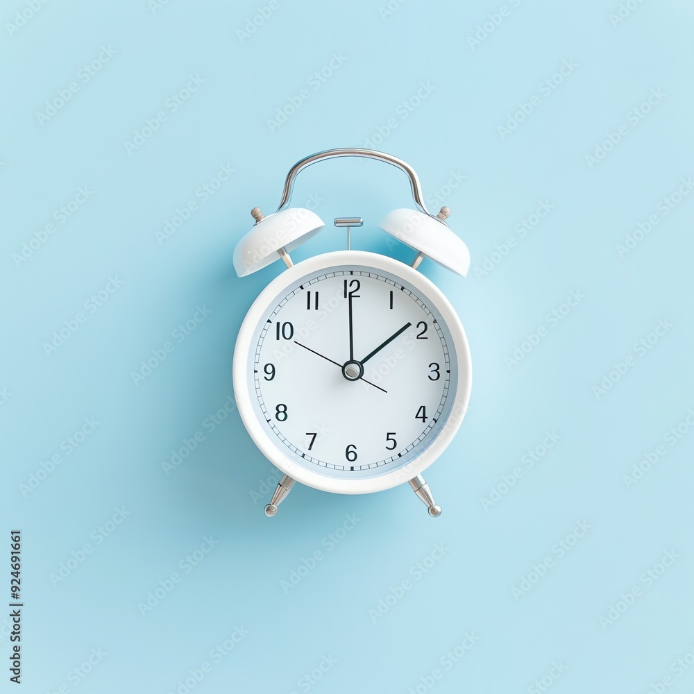 A white alarm clock with a classic design on a pastel blue background, showing the concept of time and punctuality. A white alarm clock with a classic design on a pastel blue background, showing the concept of time and punctuality.