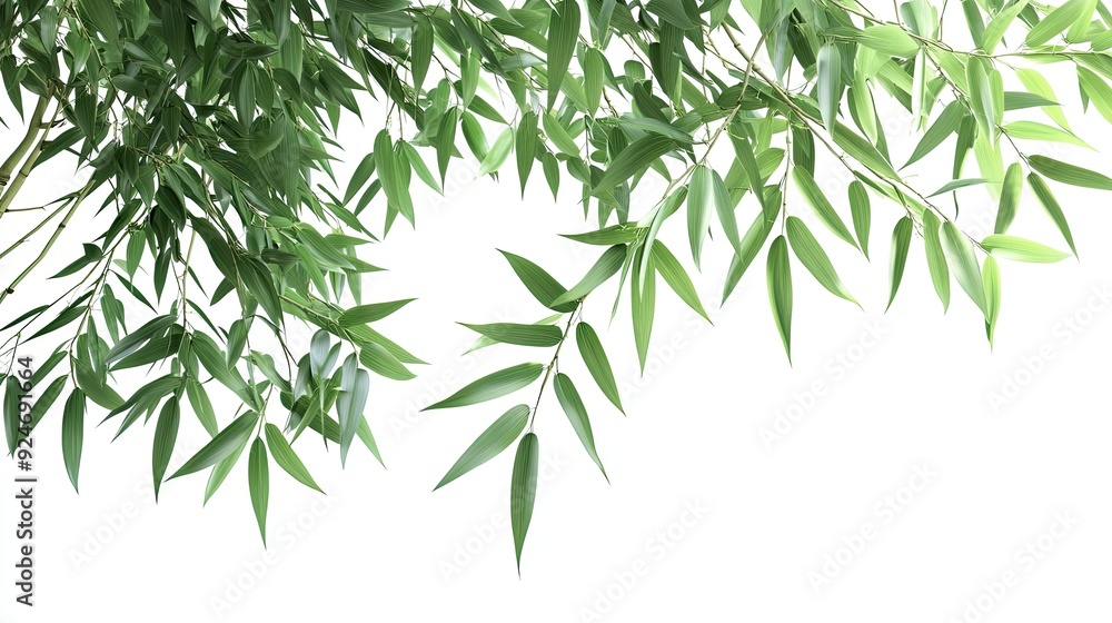 Fototapeta premium Fresh Green Bamboo Leaves on White Background - Nature, Tranquility, and Simplicity