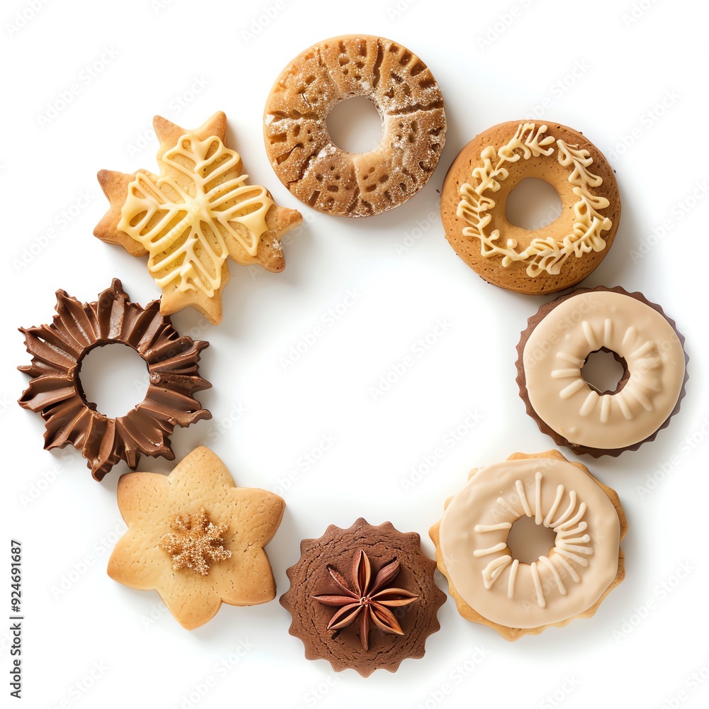 A variety of decorated cookies arranged in a circular pattern, featuring different shapes and icing designs, ideal for holiday and dessert themes. A variety of decorated cookies arranged in a circular pattern, featuring different shapes and icing designs, ideal for holiday and dessert themes.