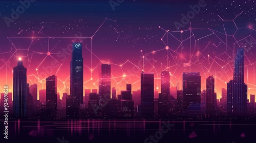 Wallpaper Mural Futuristic Smart City Skyline Connected by AI Neural Networks - Flat Design Illustration Torontodigital.ca