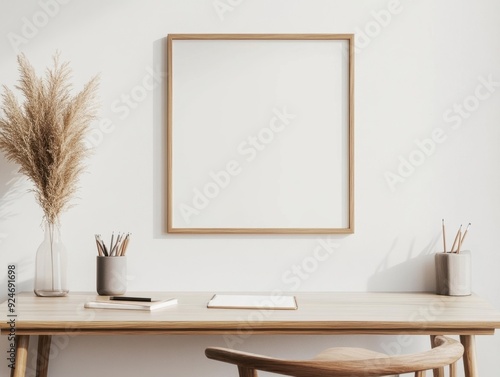 A desk with a white frame and a vase of dried grass in front of it