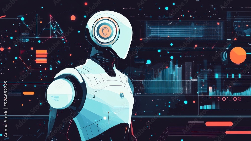 Futuristic Artificial Intelligence Analyzing Big Data - Flat Design Illustration