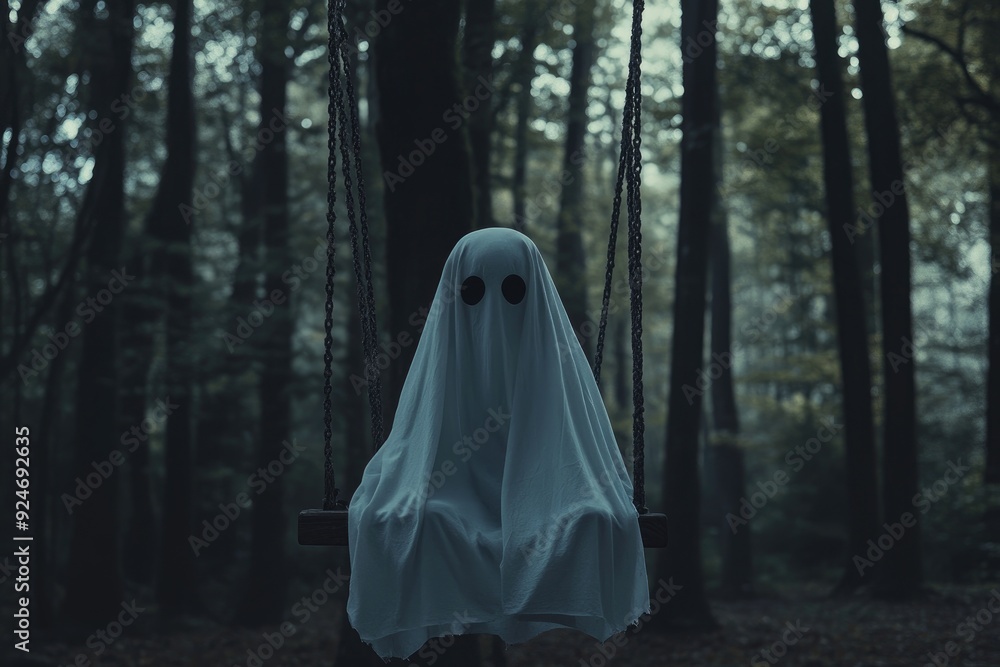 A Ghostly Figure on a Swing in a Dark Forest A Ghostly Figure on a Swing in a Dark Forest