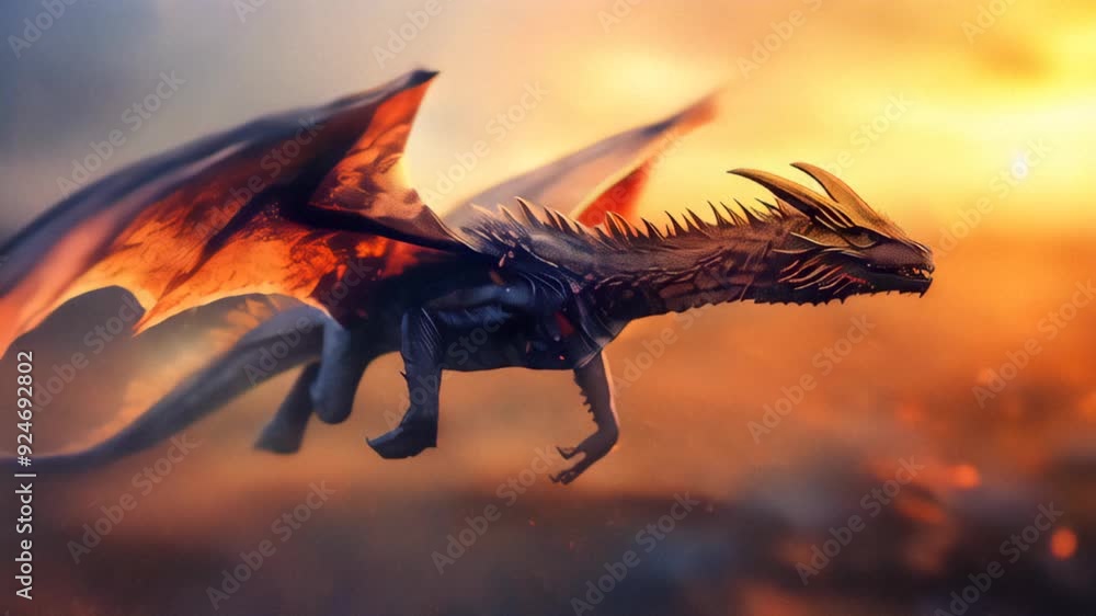 Majestic Dragon Flying at Sunset with Fiery Orange Wings Majestic Dragon Flying at Sunset with Fiery Orange Wings