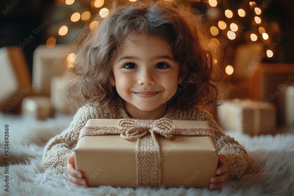 Happy Child Opening Gifts Under the Christmas Tree in a Cozy Modern Bright Interior Happy Child Opening Gifts Under the Christmas Tree in a Cozy Modern Bright Interior