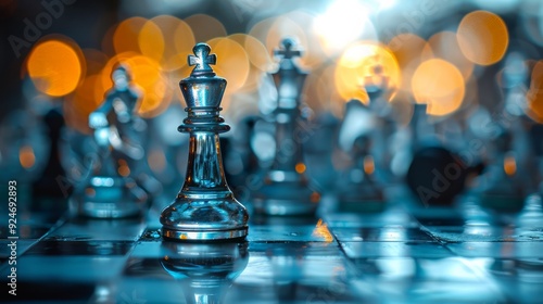 Close-up of chess pieces on a chessboard with dramatic lighting and blurred golden bokeh in the background.