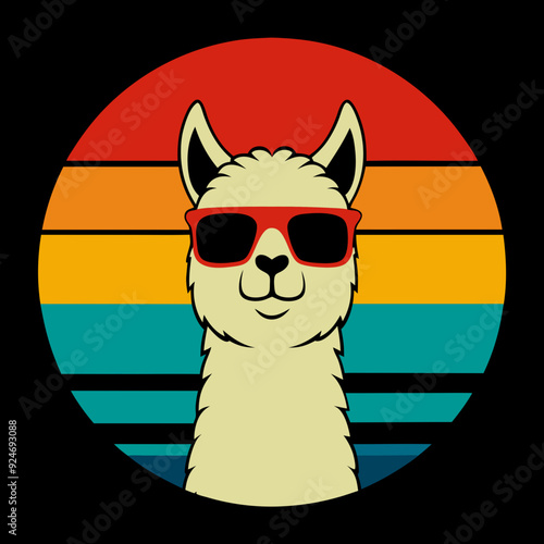 Vintage retro sunset with alpaca face silhouette vector illustration, graphics elements for trendy t-shirt