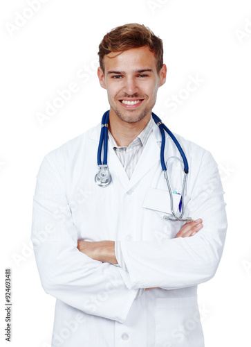 Man portrait, doctor and arms crossed for medicine in studio, physician consultation and white background. Male person, cardiology surgeon and ready for test, healthcare and emergency specialist