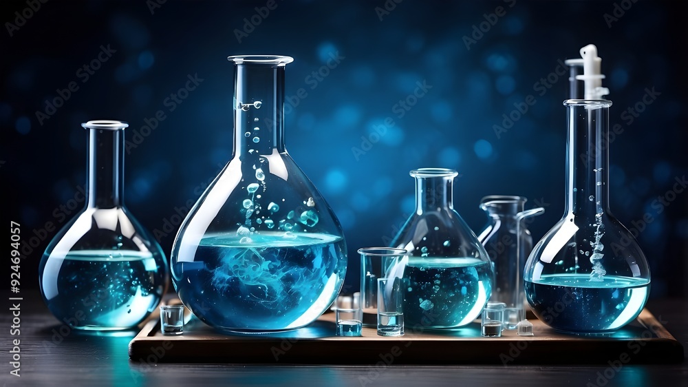 chemistry blue science lab background with flask glass and water in beaker chemistry blue science lab background with flask glass and water in beaker