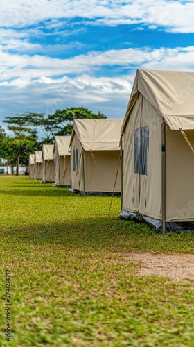 Vintage military tents in a grassy field during World War II with a serene background photo