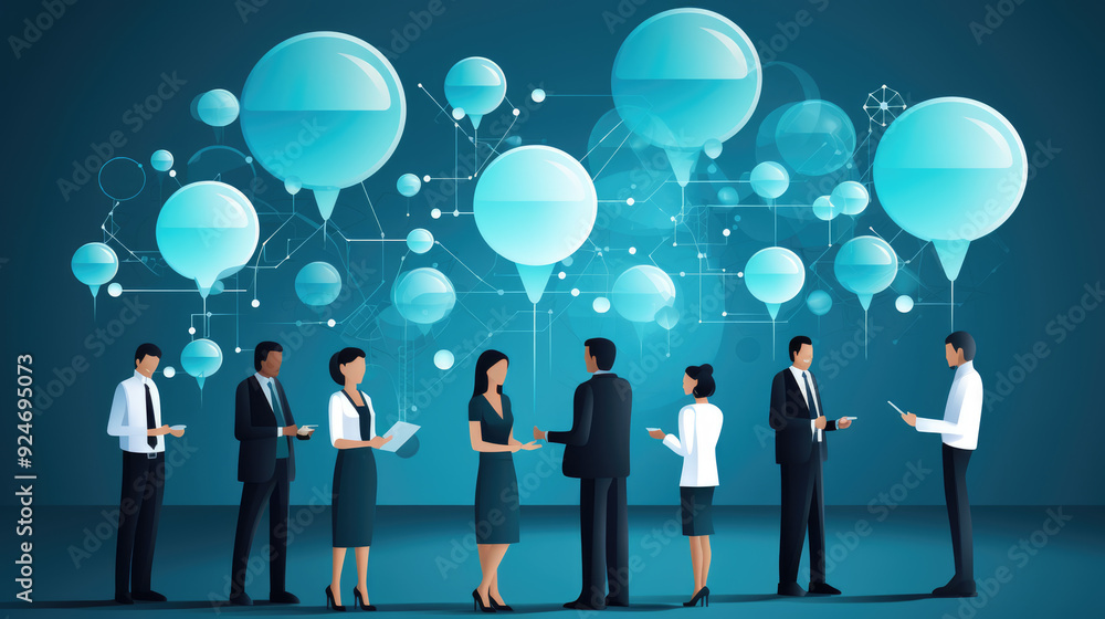 generated illustration of team of diverse business people engaging in discussion with speech bubbles generated illustration of team of diverse business people engaging in discussion with speech bubbles