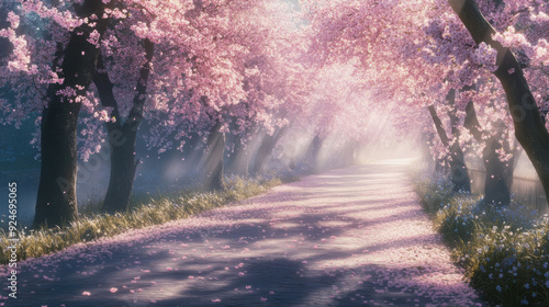 A panoramic view of the cherry blossom-lined Philosopher Path in Kyoto during spring, with