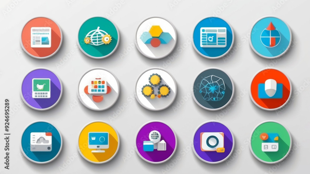Set of colorful circular icons representing various digital and web concepts Set of colorful circular icons representing various digital and web concepts