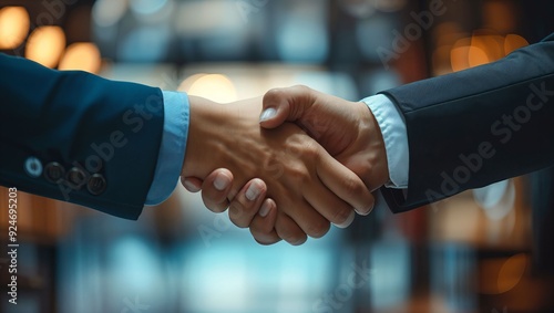 A dynamic business handshake representing a successful partnership and mutual agreement, showcasing determination and professionalism in a corporate environment.