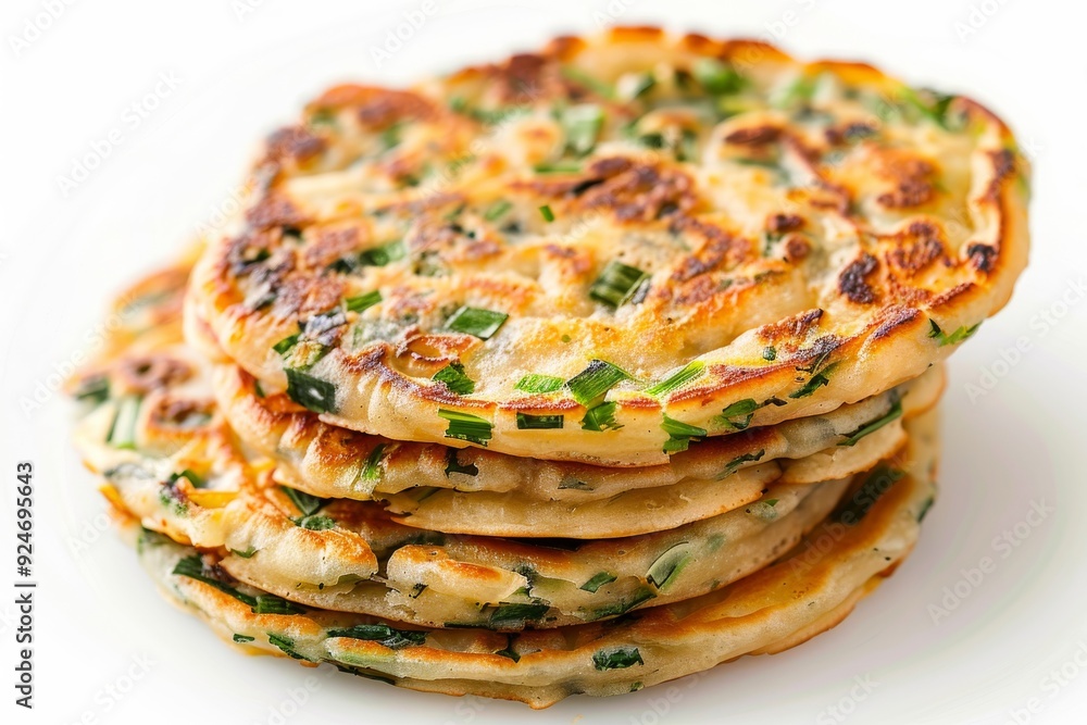 A stack of golden, green onion pancakes, showcasing a crispy texture and vibrant color. A stack of golden, green onion pancakes, showcasing a crispy texture and vibrant color.