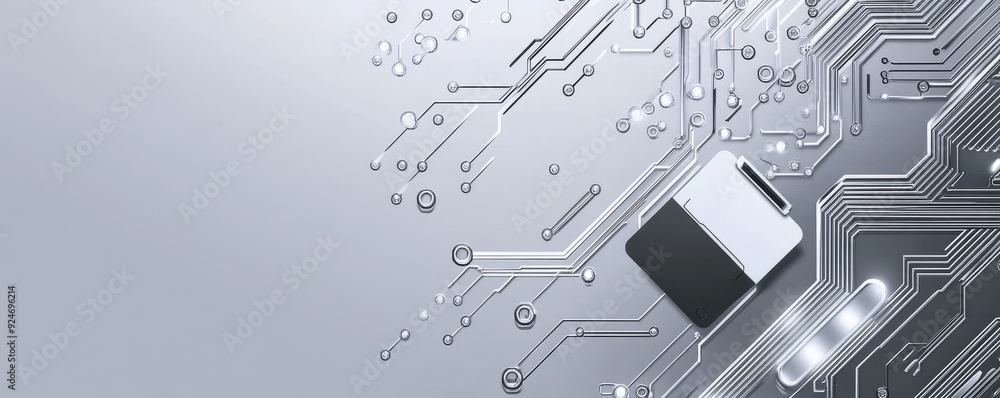 Fototapeta premium Abstract gray background with a circuit board pattern and glowing dots for a technology