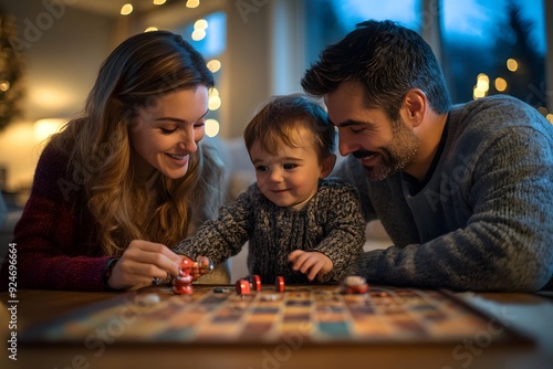 Warm glow of home, a family of three engrossed in a board game.  A cozy moment of laughter and togetherness, capturing the joy of shared experiences. 