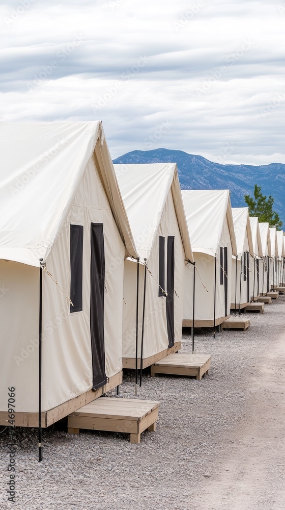 Military camp panorama featuring white tents under a cloudy sky with soldiers on the ground Military camp panorama featuring white tents under a cloudy sky with soldiers on the ground