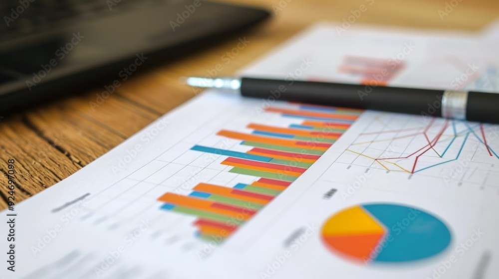 A close-up of a financial report displaying colorful bar charts and graphs, with a pen placed on top. The document is set on a wooden table A close-up of a financial report displaying colorful bar charts and graphs, with a pen placed on top. The document is set on a wooden table