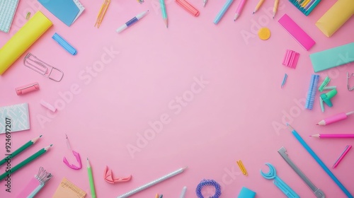 A pastel pink background with stationery and school supplies in various colors arranged