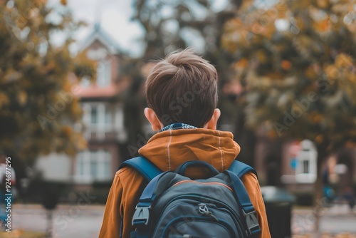 A Young Student Ready for Back to School: Boy with Backpack Standing in Front of His School on the First Day photo