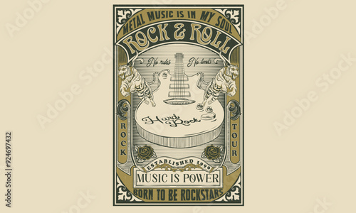 Metal music is in my soul. born to be rock stars. Guitar with Tiger artwork. Heavy metal music poster design. Tiger rock t shirt design. Rock and roll print design. Rose flower line drawing.