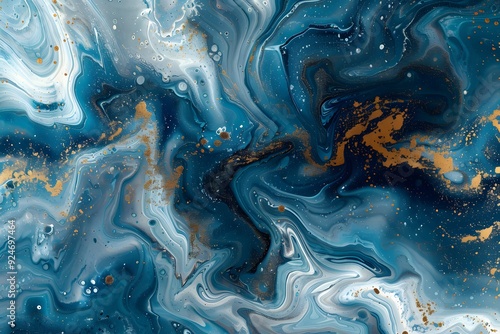 Abstract fluid art painting with blue and white swirls.