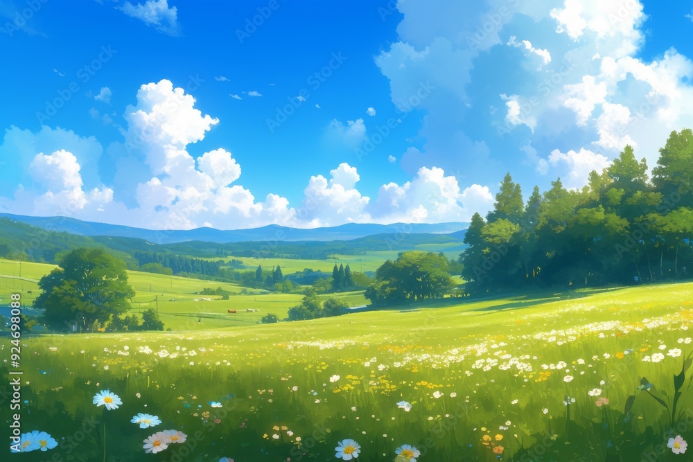 Fototapeta premium Beautiful Landscape with Lush Green Field, Blue Sky, and White Clouds. Scenic Nature Wallpaper with vibrant colors and wildflowers.