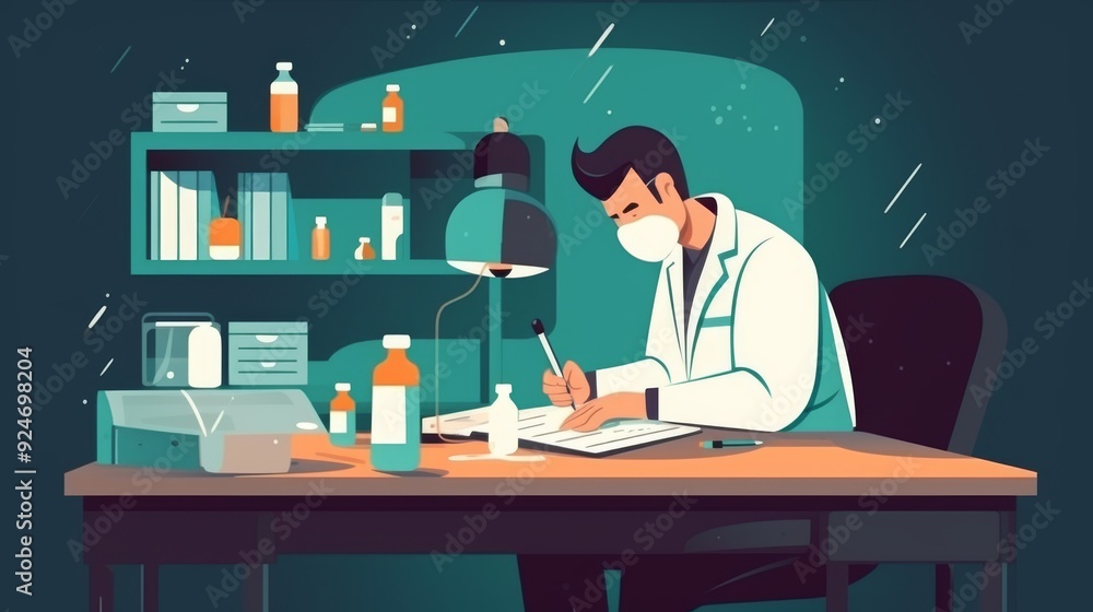 A man in a lab coat is writing on a piece of paper A man in a lab coat is writing on a piece of paper