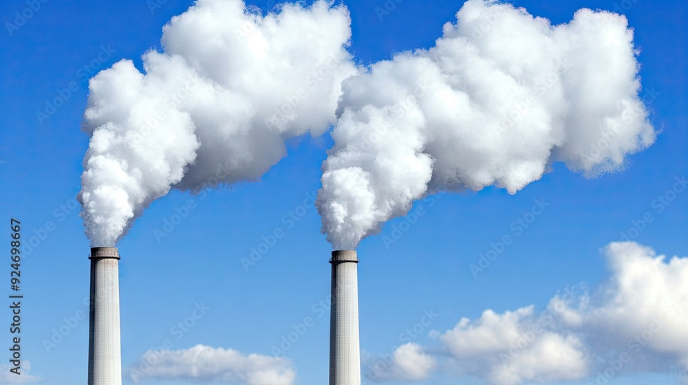 Two smokestacks release white smoke into a clear blue sky, illustrating industrial activity and environmental impact Two smokestacks release white smoke into a clear blue sky, illustrating industrial activity and environmental impact