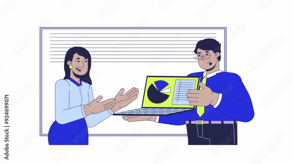 Double checking data with manager line cartoon animation. Analytics product management 4K video motion graphic. Diverse supervisor with subordinate 2D animated characters isolated on white background