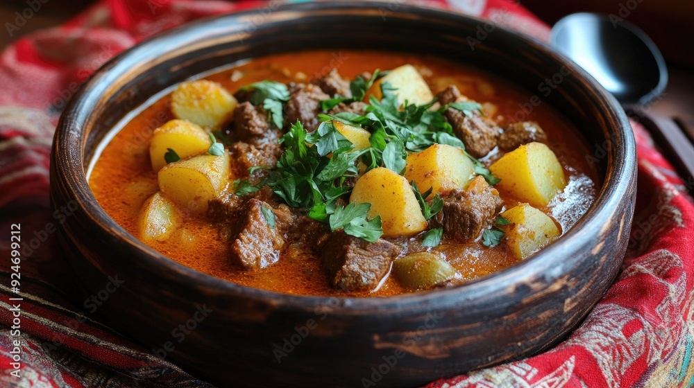 Hungarian goulash stew with beef, potatoes, and paprika in a rustic bowl. Hungarian goulash stew with beef, potatoes, and paprika in a rustic bowl.
