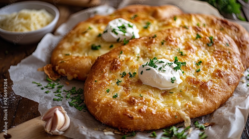 Hungarian langos with garlic, sour cream, and cheese on parchment paper. Hungarian langos with garlic, sour cream, and cheese on parchment paper.