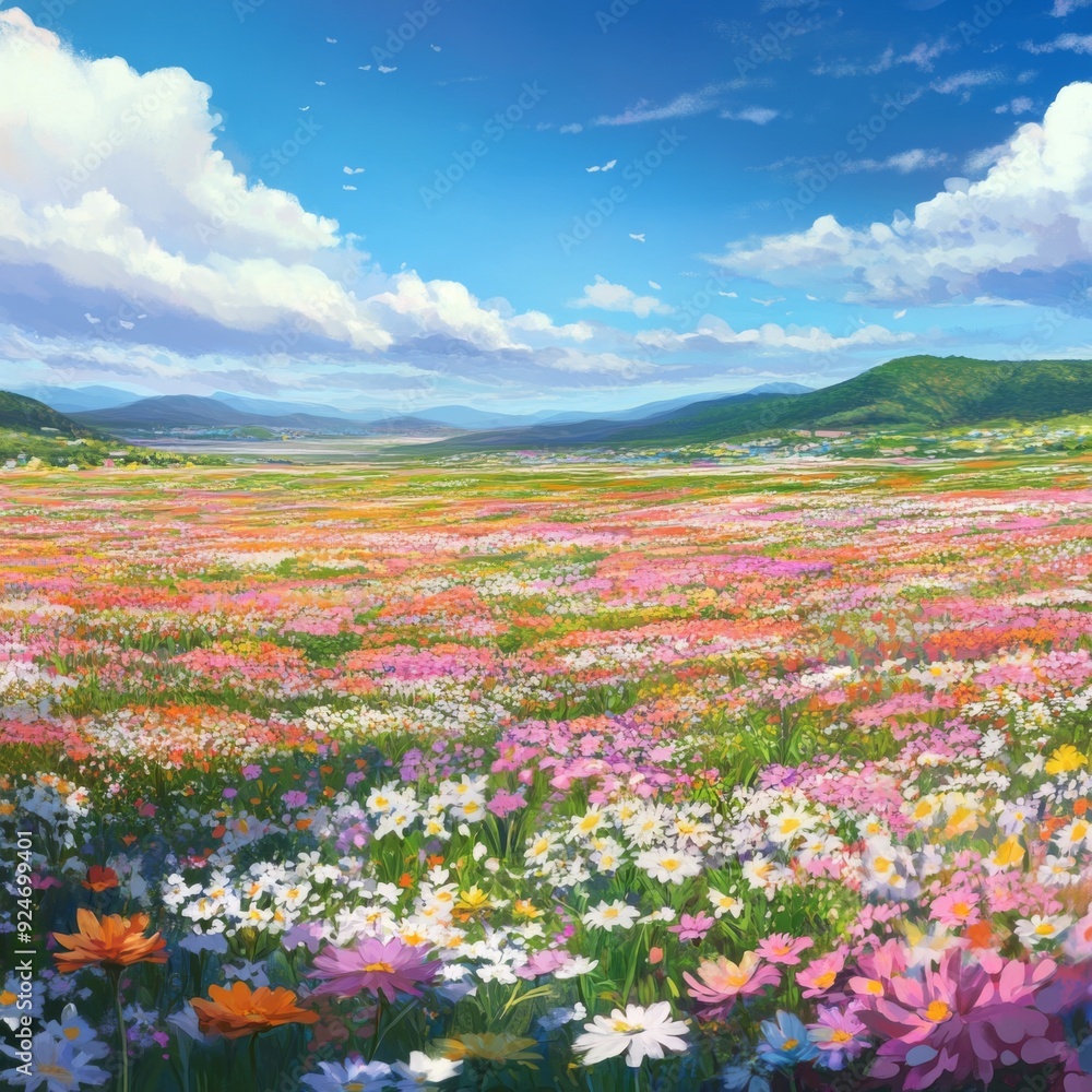 Fototapeta premium Spring Blossom Wonderland: An Infinite Canvas of Vibrant Colors in a Field of Flowers, Anime-Style, storybook illustrations, comic strips, book illustrations and picture books,Abstract concepts, game