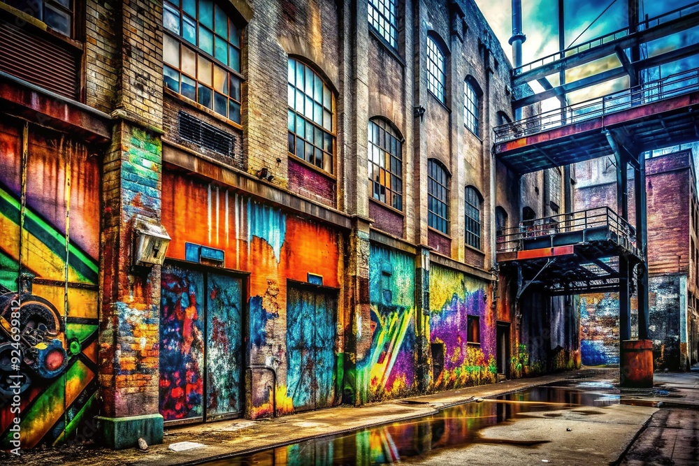 Fototapeta premium Urban Grunge: Industrial textures, graffiti, decay, bold contrast, metallic accents