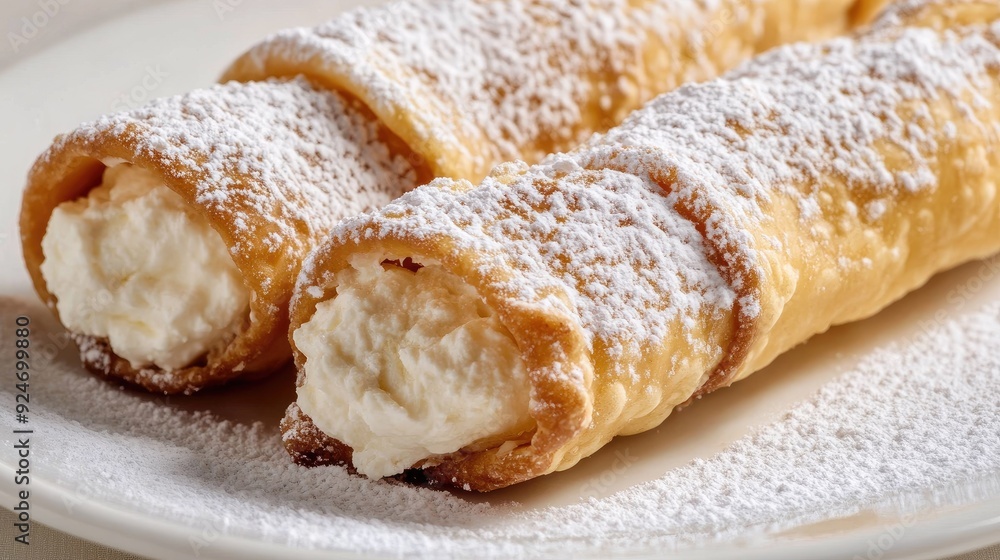 Italian ricotta-stuffed cannoli with powdered sugar on a white plate. Italian ricotta-stuffed cannoli with powdered sugar on a white plate.