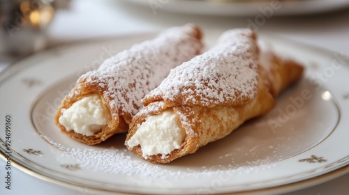 Italian ricotta-stuffed cannoli with powdered sugar on a white plate.