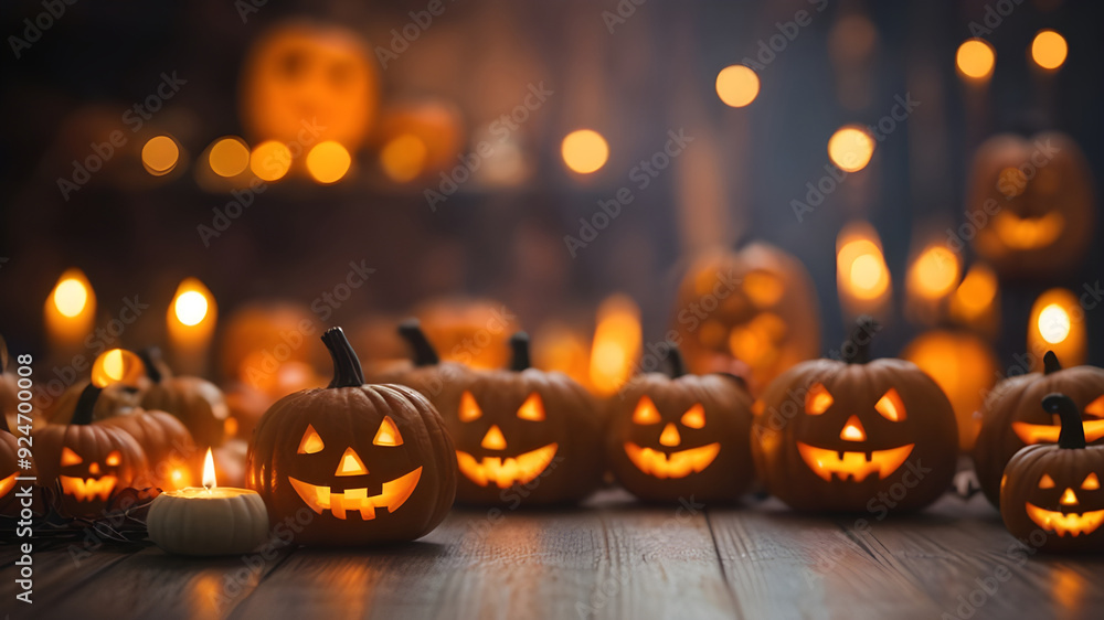 Halloween pumpkin head jack o lantern with burning fire background, wooden table with light bokeh garland. Beautiful Holiday Autumn Composition Halloween pumpkin head jack o lantern with burning fire background, wooden table with light bokeh garland. Beautiful Holiday Autumn Composition