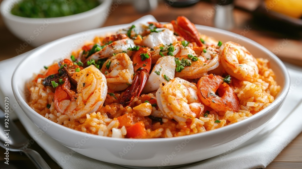 Portuguese arroz de marisco with seafood and rice in a white bowl. Portuguese arroz de marisco with seafood and rice in a white bowl.