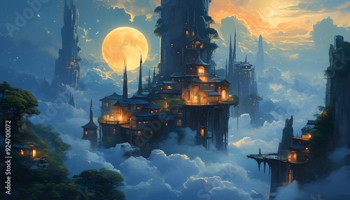 The dreamy castle in the sky is suspended above the sea of clouds. The moonlight shines down, making it mysterious and beautiful.