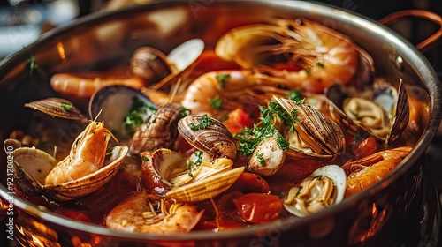 Portuguese cataplana seafood stew with clams, prawns, and tomatoes in a copper pot photo